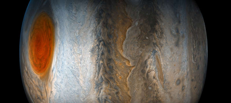 Jupiter's Great Red Spot - NASA/JPL-Caltech/SwRI/MSSS/Gerald Eichstadt/Sean Doran/Handout via Reuters Slide 15 of 86: Jupiter's Great Red Spot fades from view while the dynamic bands of the southern region of Jupiter come into focus, in this image taken on July 10 from the JunoCam imager on NASA's Juno spacecraft. North is to the left of the image, and south is on the right.