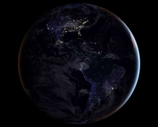 Slide 22 of 86: A composite image released by NASA on April 12, 2017 showing the full western hemisphere at night. This map of night lights is based on imagery from 2016. NASA Earth Observatory image by Joshua Stevens, using Suomi NPP VIIRS data from Miguel Rom‡n,