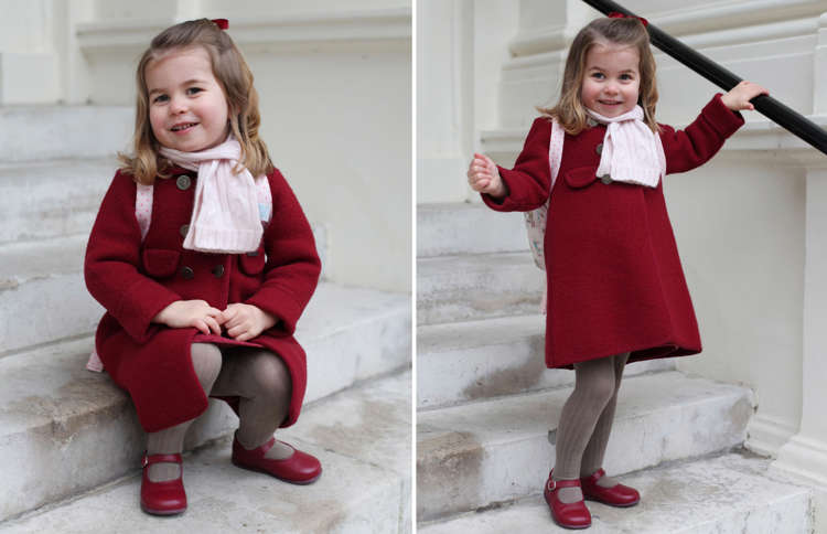 Slide 1 of 30: Britain's Princess Charlotte smiles as she prepares for her first day of nursery at the Willcocks Nursery School, in London, Jan. 8, 2018.