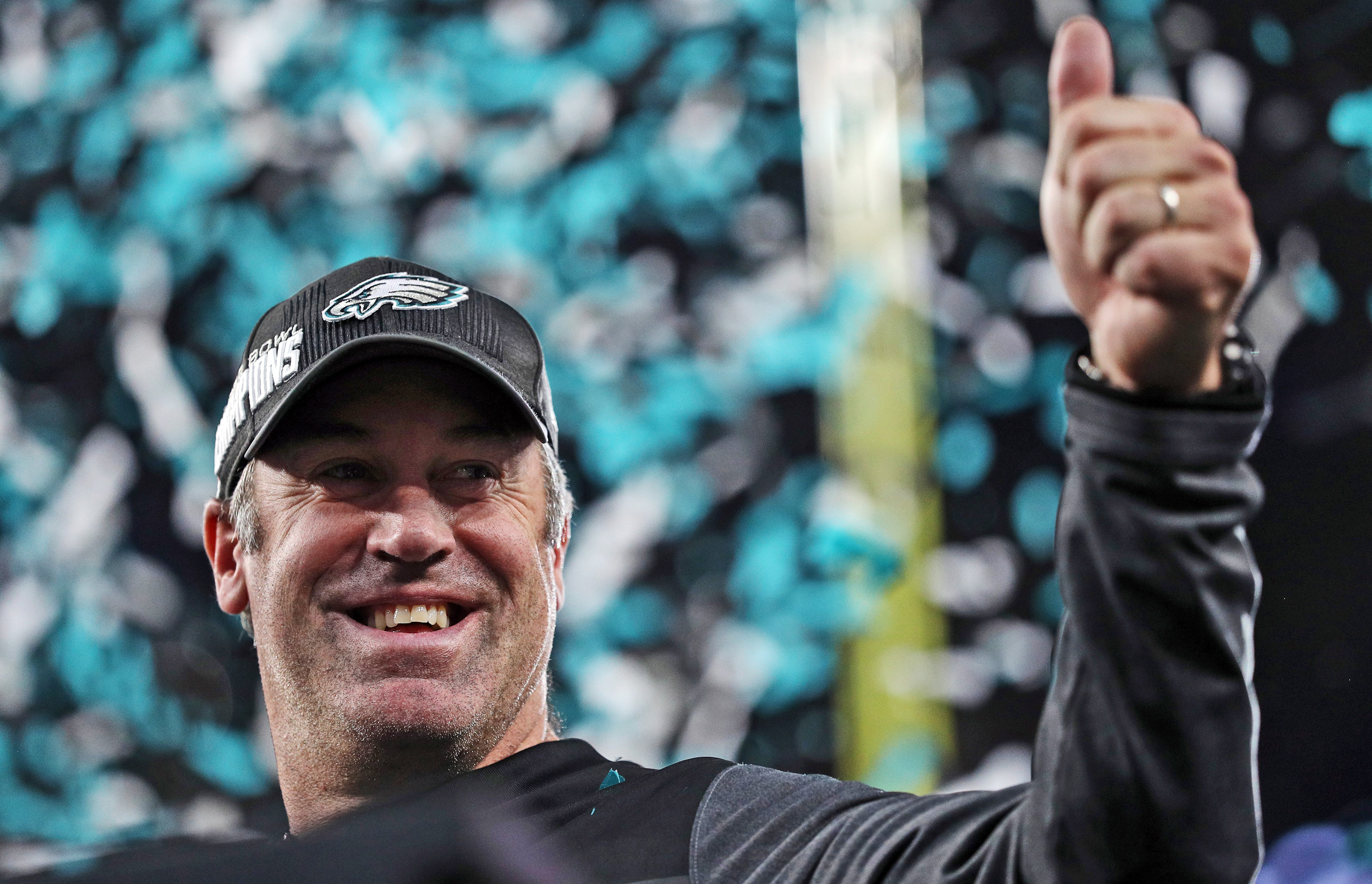 Slide 6 of 12: MINNEAPOLIS, MN - FEBRUARY 04: Head coach Doug Pederson of the Philadelphia Eagles celebrates after defeating the New England Patriots 41-33 in Super Bowl LII at U.S. Bank Stadium on February 4, 2018 in Minneapolis, Minnesota.