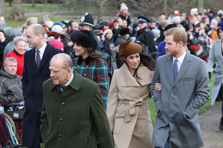 Slide 12 of 12: KING'S LYNN, ENGLAND - DECEMBER 25:  (L-R) Prince William, Duke of Cambridge, Prince Philip, Duke of Edinburgh, Catherine, Duchess of Cambridge, Meghan Markle and Prince Harry attend Christmas Day Church service at Church of St Mary Magdalene on December 25, 2017 in King's Lynn, England.  (Photo by Chris Jackson/Getty Images)