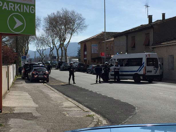 Police surround the Super U supermarket in Trebes in the south of France