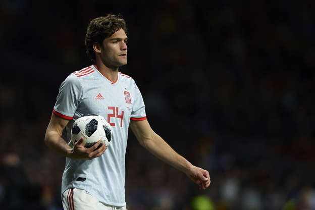 Marcos Alonso of Spain looks on during the International Friendly match between Spain and Argentina at Wanda Metropolitano Stadium on March 27, 2018 in Madrid, Spain.  (Photo by Quality Sport Images/Getty Images)