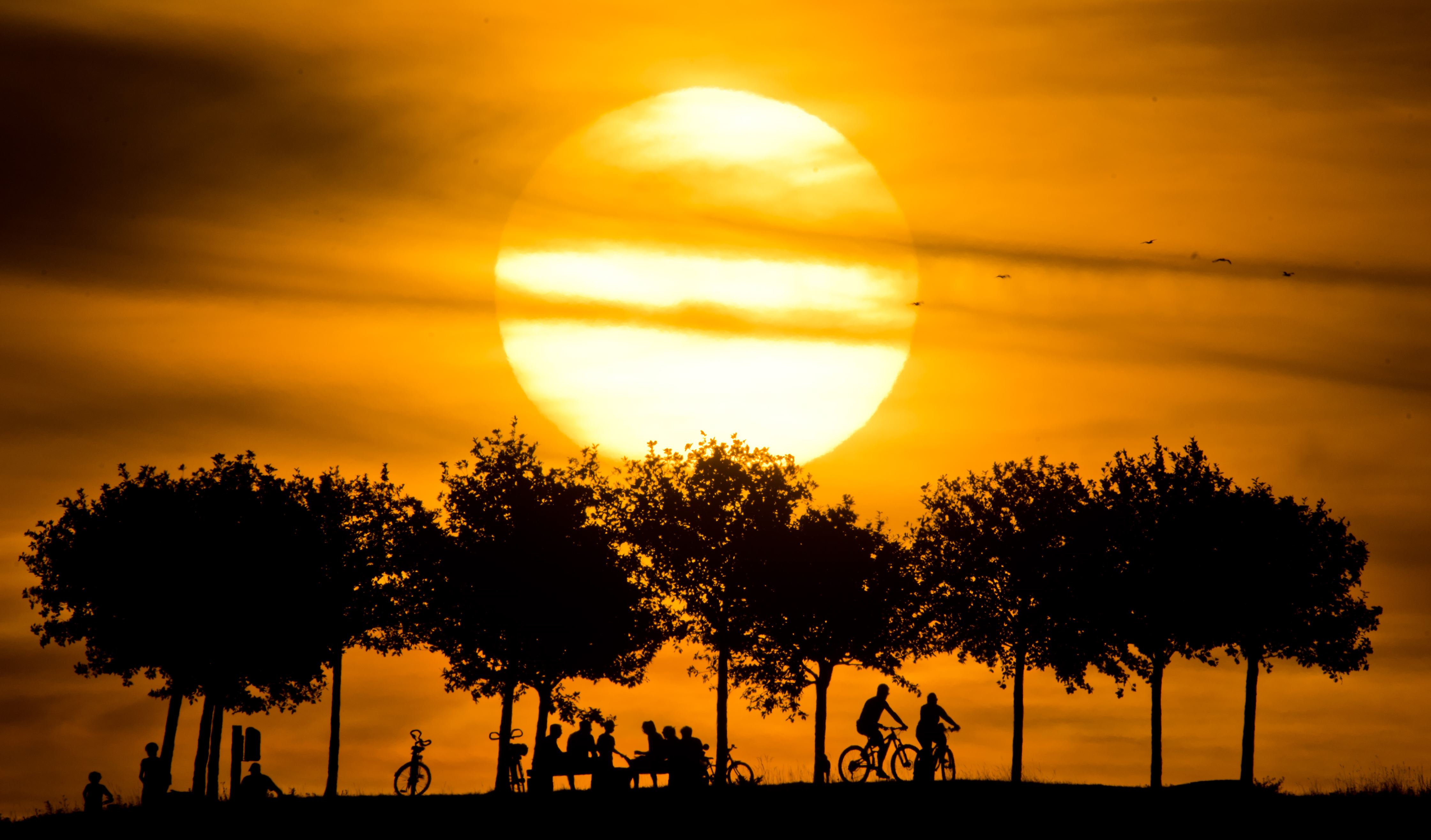 Slide 11 de 33: The silhouettes of passers-by at Kronsberg stand out against the reddish evening sky from sunset. Photo: Julian Stratenschulte/dpa (Photo by Julian Stratenschulte/picture alliance via Getty Images)