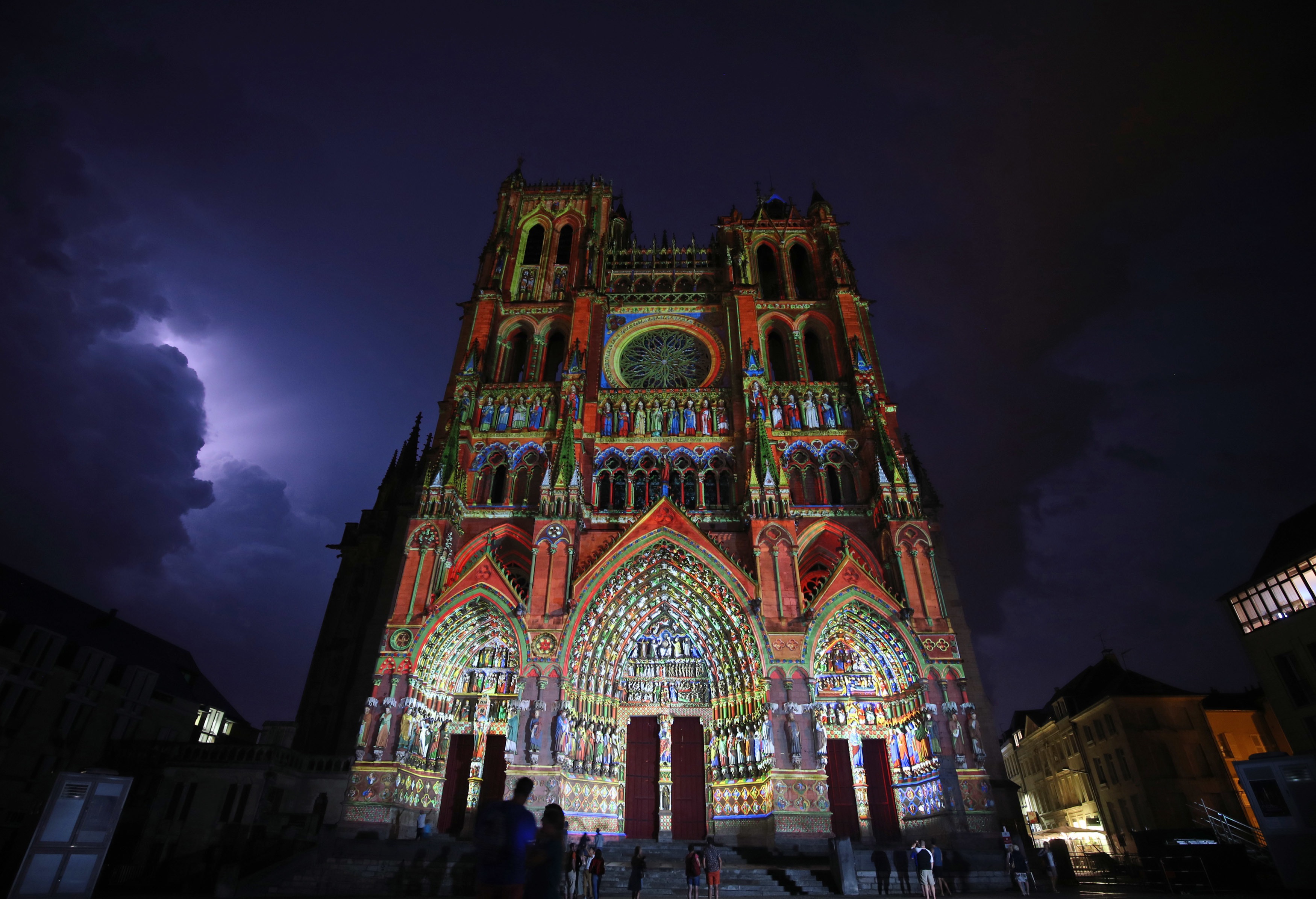 Slide 30 de 33: Amiens Cathedral in France is lit up, on the eve of Aug. 7 as a service to mark the centenary of the Battle of Amiens and the subsequent 'Hundred Days Offensive' which was a decisive point in the First World War.
