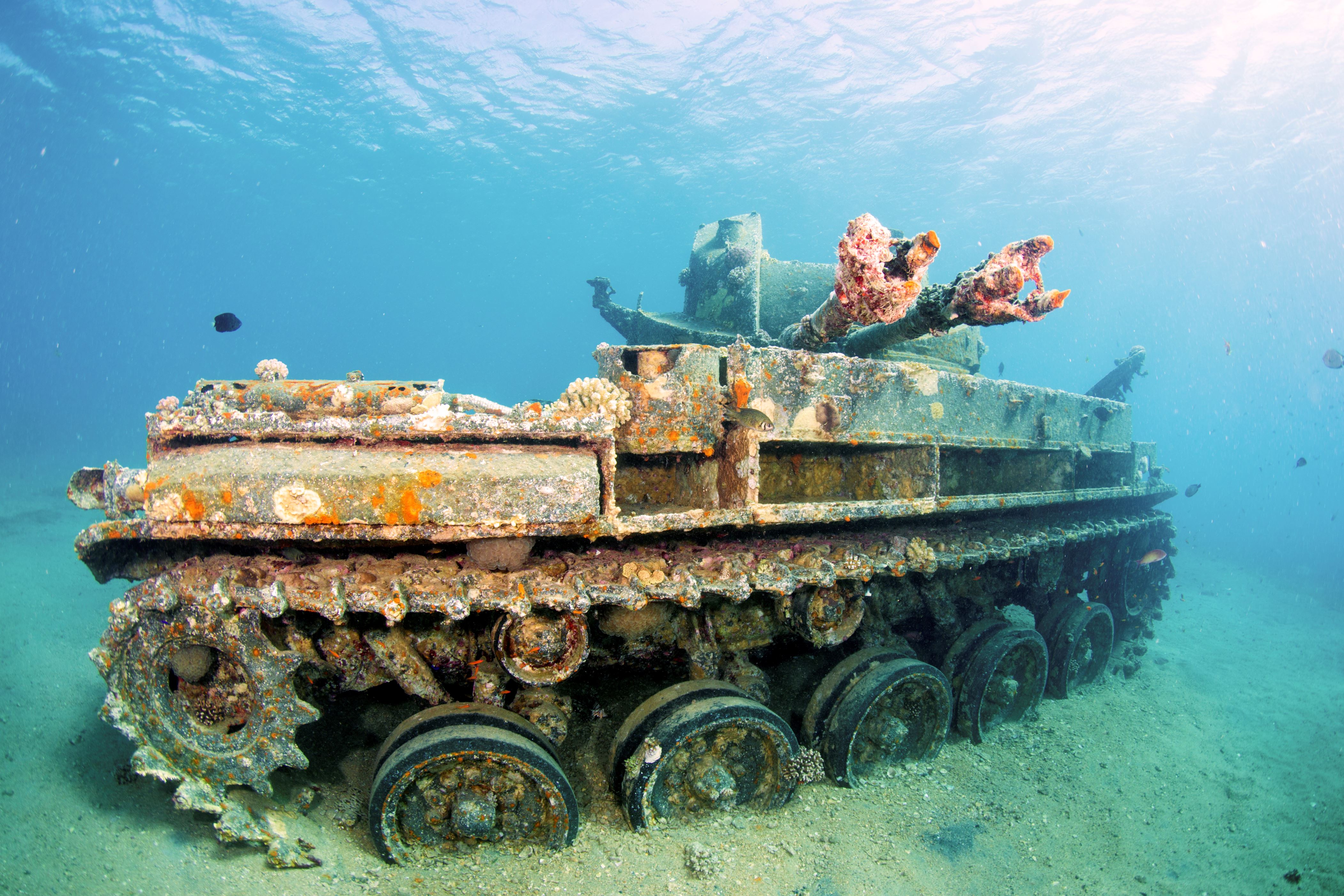幻灯片 20 - 4: the wreck of a sunken m42 duster american tank