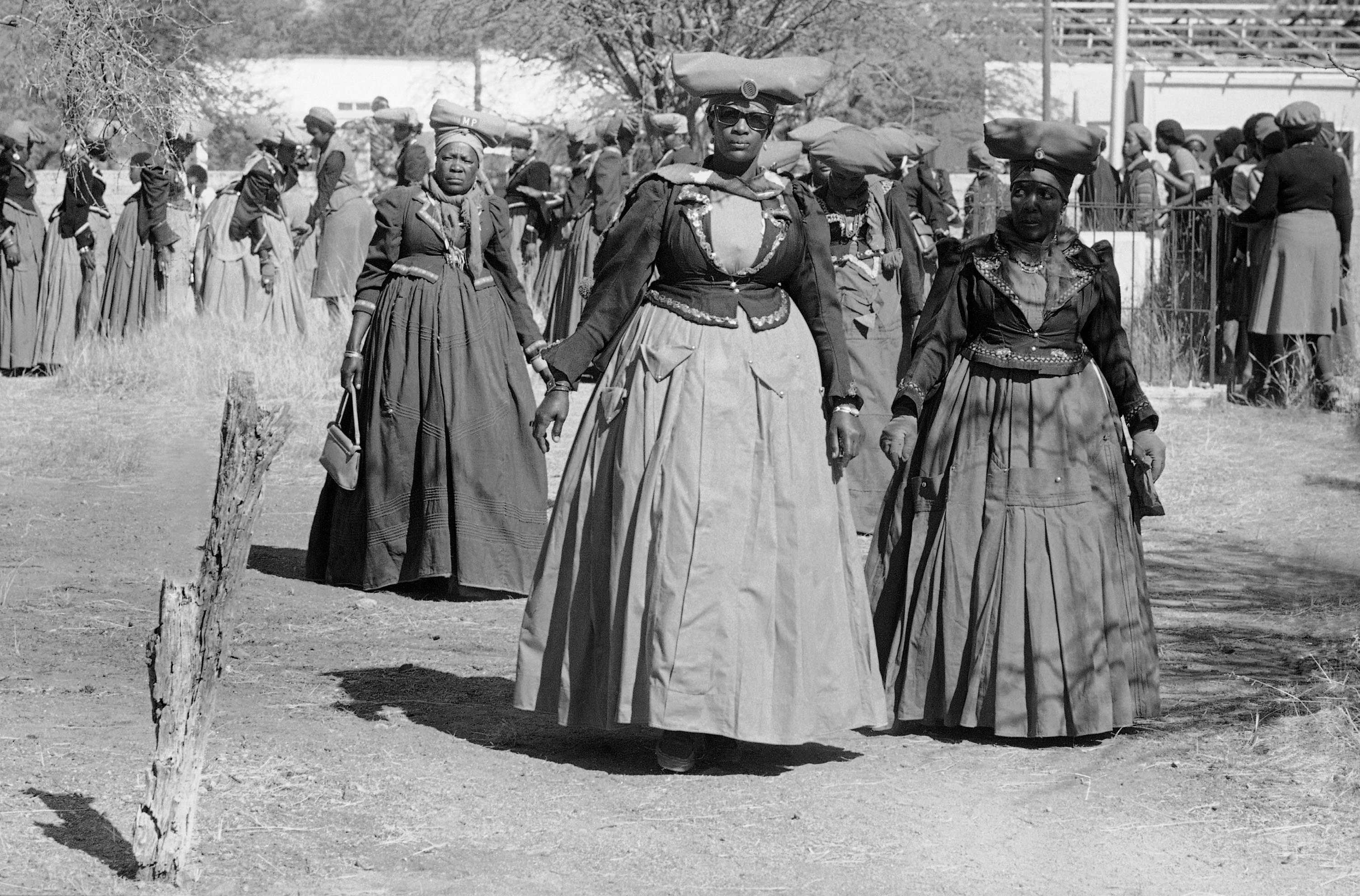 FILE - In this July 4, 1981 file picture women of the Herero tribe show their traditional dress in Windhoek.