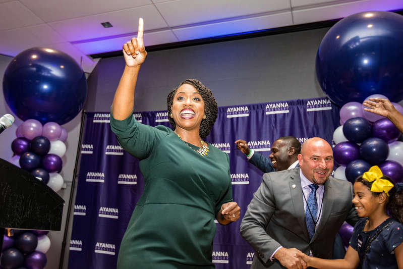 BOSTON, MA - SEPTEMBER 04: Ayanna Pressley, Boston City Councilwomen and House Democratic candidate, gives a victory speech at her primary night gathering after her opponent Mike Capuano conceded on September 4, 2018 in Boston, Massachusetts. Pressley beat Capuano, a 10-term incumbent, in Massachusetts' 7th District.