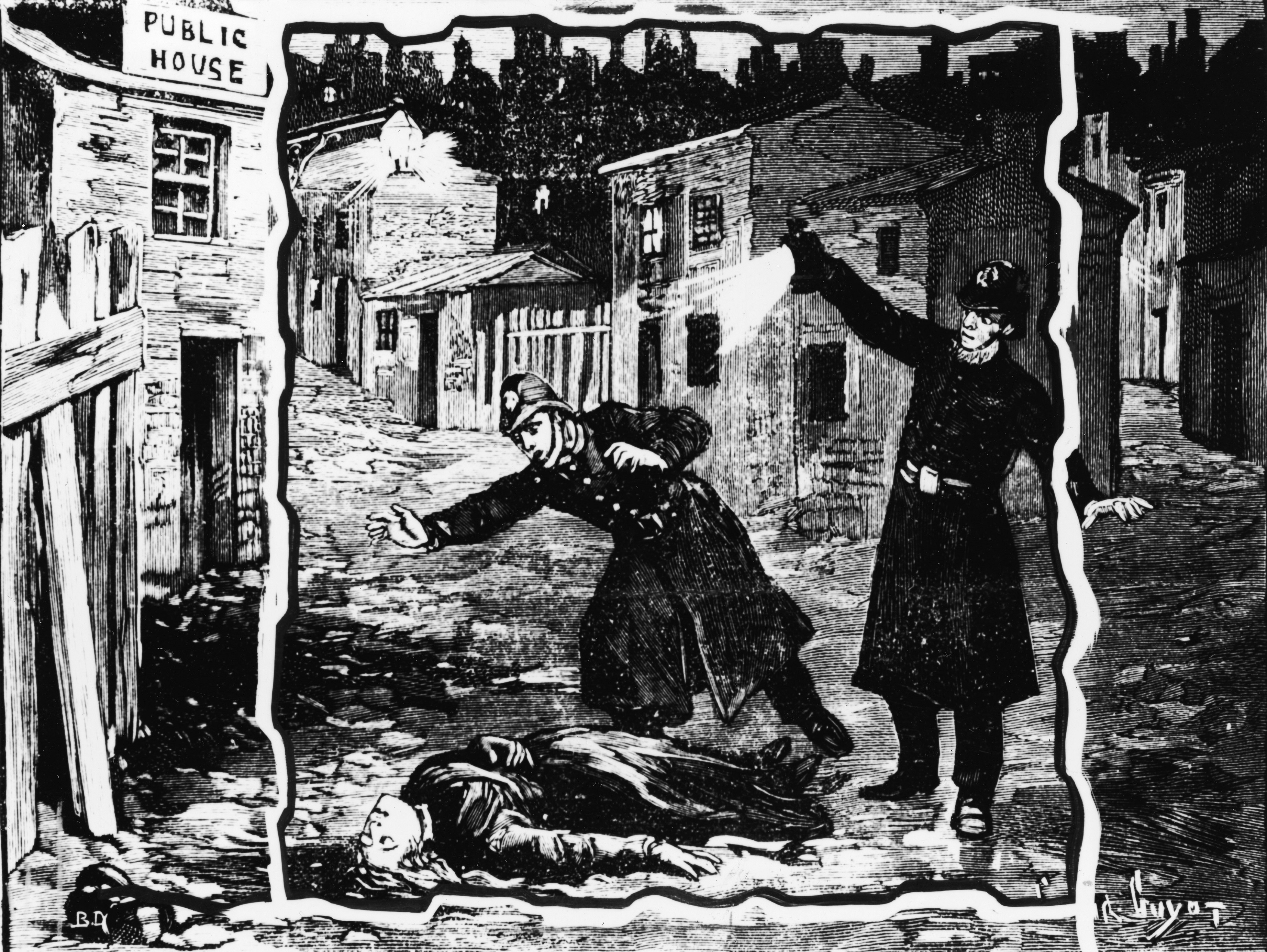 Slide 8 de 16: Illustration shows the police discovering the body of one of Jack the Ripper's victims, probably Catherine Eddowes, London, England, late September 1888. (Photo by Hulton Archive/Getty Images)