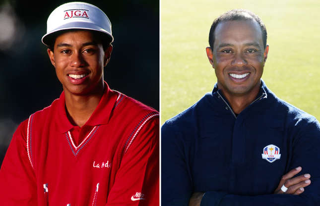 Slide 2 de 45: SEAL BEACH, CA - CIRCA FEBRUARY 1992: Golfer Tiger Woods poses for a photo at the Navy Golf Course circa February 1992 in Seal Beach, California. (Photo by Andy Hayt/Getty Images); PARIS, FRANCE - SEPTEMBER 26: Tiger Woods of the United States during a photocall ahead of the 2018 Ryder Cup at Le Golf National on September 26, 2018 in Paris, France. (Photo by Ross Kinnaird/Getty Images)