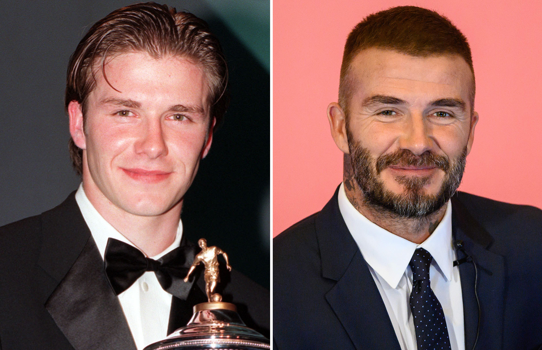 Slide 3 de 45: Manchester United's David Beckham with his trophy at London's Grosvenor House Hotel this evening (Sunday) after being named PFA Young Player of the Year. Photo by Michael Stephens/PA. SEE PA STORY SOCCER PFA; Former England footballer David Beckham speaks during a promotional event where he appeared as the global brand ambassador for insurance company AIA in Hong Kong on September 24, 2018. (Photo by Anthony WALLACE / AFP) (Photo credit should read ANTHONY WALLACE/AFP/Getty Images)