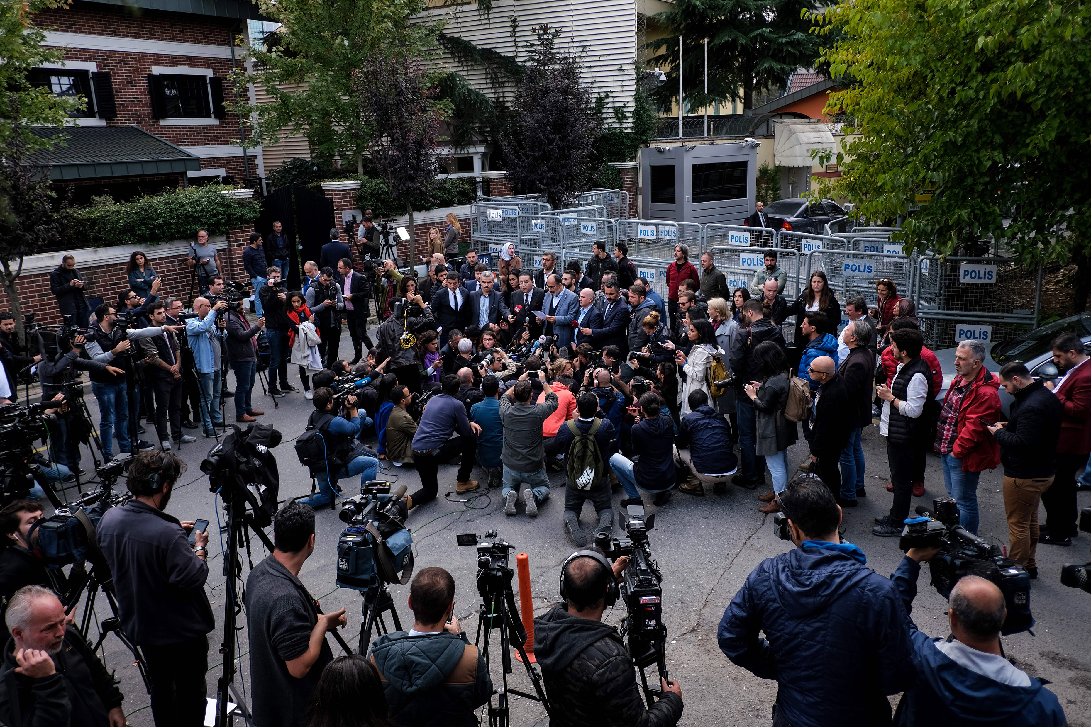 Slide 3 of 64: Turkish journalist Turan Kislakci, head of the Turkish-Arab Media Association, addresses media in front of the Saudi consulate in Istanbul, on October 20, 2018. - Saudi Arabia admitted on October 20, 2018 that critic Jamal Khashoggi was killed inside its Istanbul consulate, saying he died during a "brawl", as Turkey vowed to release the full findings of its own investigation. (Photo by Yasin AKGUL / AFP)        (Photo credit should read YASIN AKGUL/AFP/Getty Images)