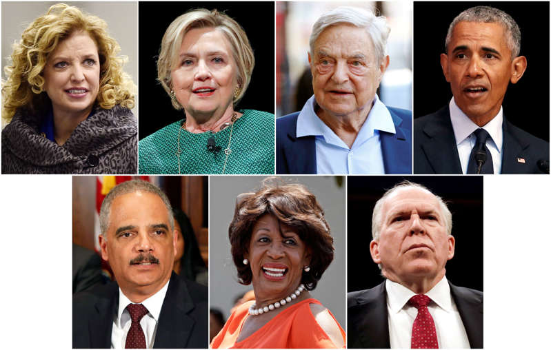 (Top L-R) U.S. Representative Debbie Wasserman Schultz, former Democratic presidential candidate Hillary Clinton, Democratic Party donor George Soros and former U.S. President Barack Obama are pictured along with (Bottom L-R) former U.S. Attorney General Eric Holder, U.S. Congresswoman Maxine Waters and Former CIA director John Brennan in a combination photograph made from Reuters file photos.   REUTERS/Files