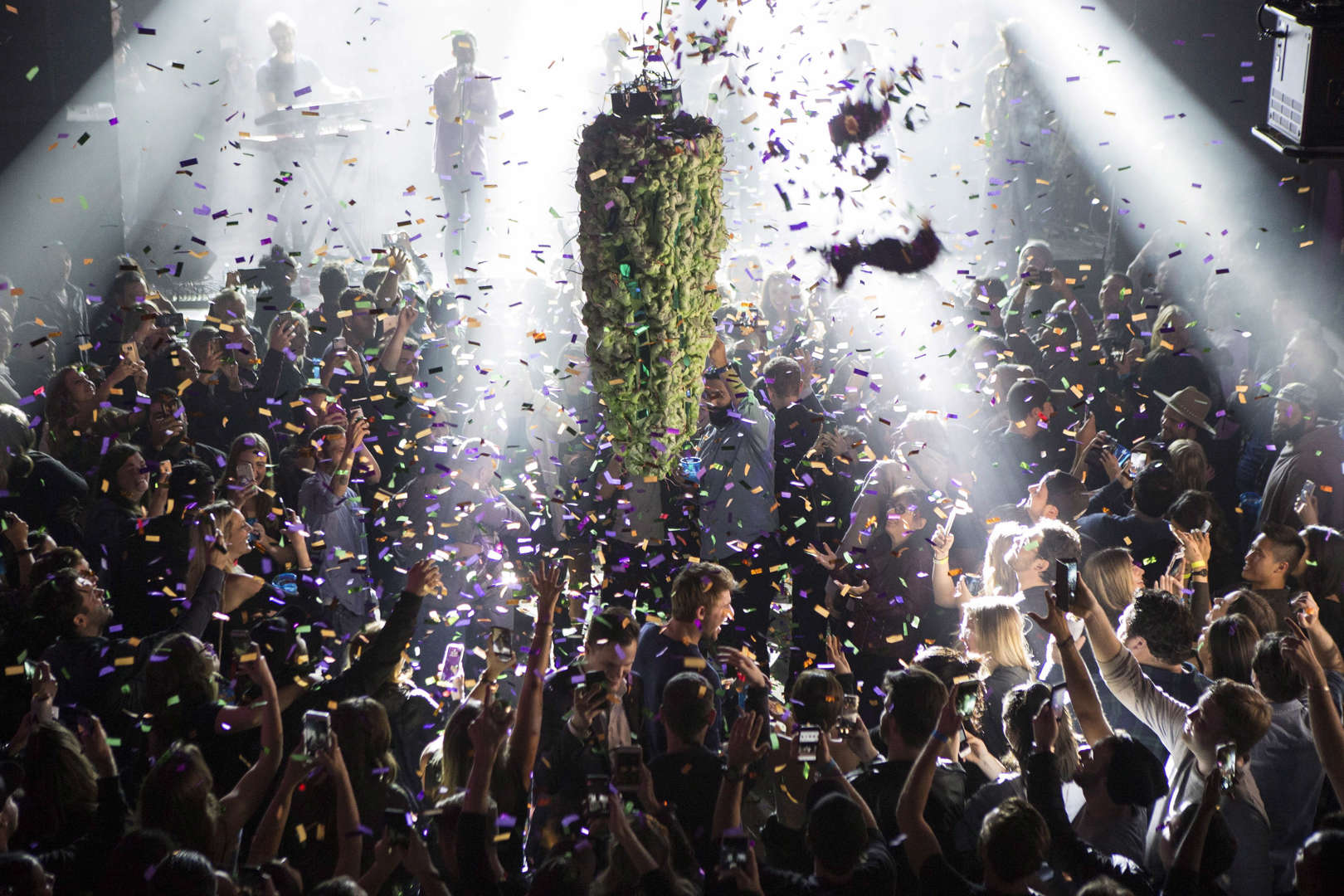 A depiction of a cannabis bud drops from the ceiling at Leafly's countdown party in Toronto on Wedne... - THE CANADIAN PRESS/Chris Young Slide 7 of 31: A depiction of a cannabis bud drops from the ceiling at Leafly's countdown party in Toronto on Wednesday October 17, 2018, as midnight passes and marks the first day legalization of Cannabis across Canada.