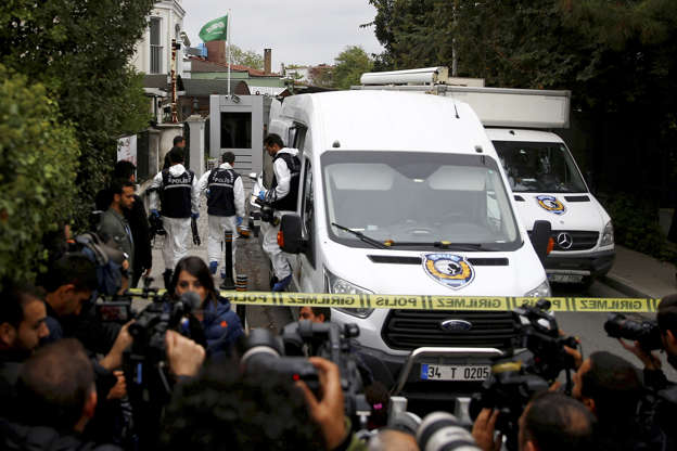 Slide 3 of 38: Turkish forensic officials arrive to the residence of Saudi Arabia