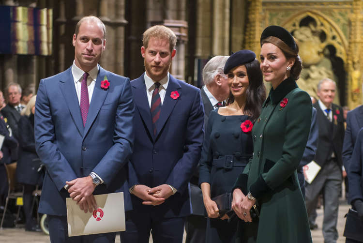 Slide 2 of 12: LONDON, ENGLAND - NOVEMBER 11: Prince William, Duke of Cambridge and Catherine, Duchess of Cambridge, Prince Harry, Duke of Sussex and Meghan, Duchess of Sussex attend a service marking the centenary of WW1 armistice at Westminster Abbey on November 11, 2018 in London, England. The armistice ending the First World War between the Allies and Germany was signed at Compiègne, France on eleventh hour of the eleventh day of the eleventh month - 11am on the 11th November 1918. This day is commemorated as Remembrance Day with special attention being paid for this year’s centenary.  (Photo by Paul Grover- WPA Pool/Getty Images)