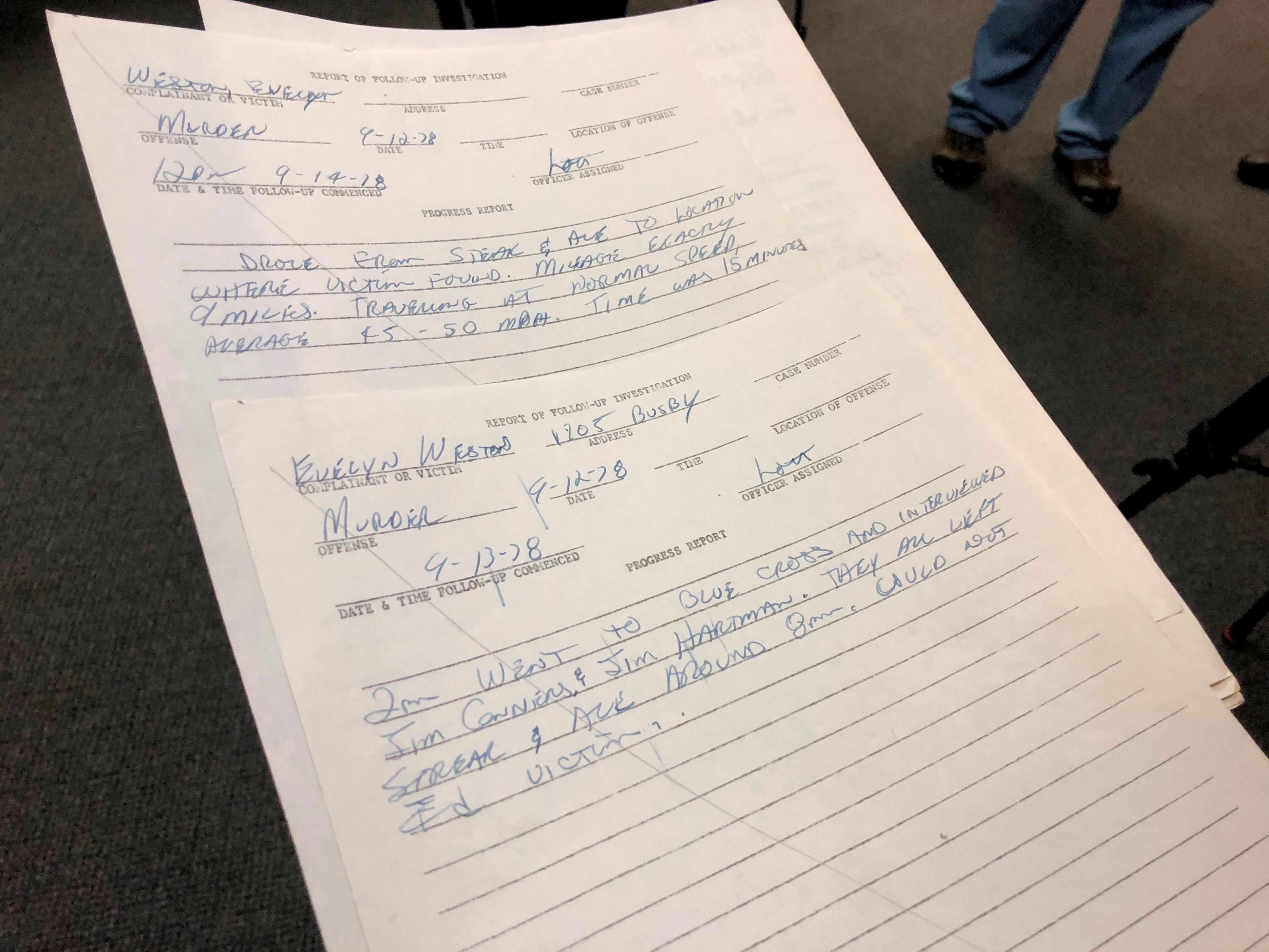 Richland County Sheriff Leon Lott's handwritten notes from the 1978 killing of Evelyn Weston are shown Wednesday, Nov. 21, 2018, in Columbia, South Carolina. Weston was likely killed by Samuel Little, who investigators say has confessed to as many as 90 killings across the United States. Lott was a rookie investigator assigned Weston's death and said he never forgot the case.  (AP Photo/Jeffrey Collins)