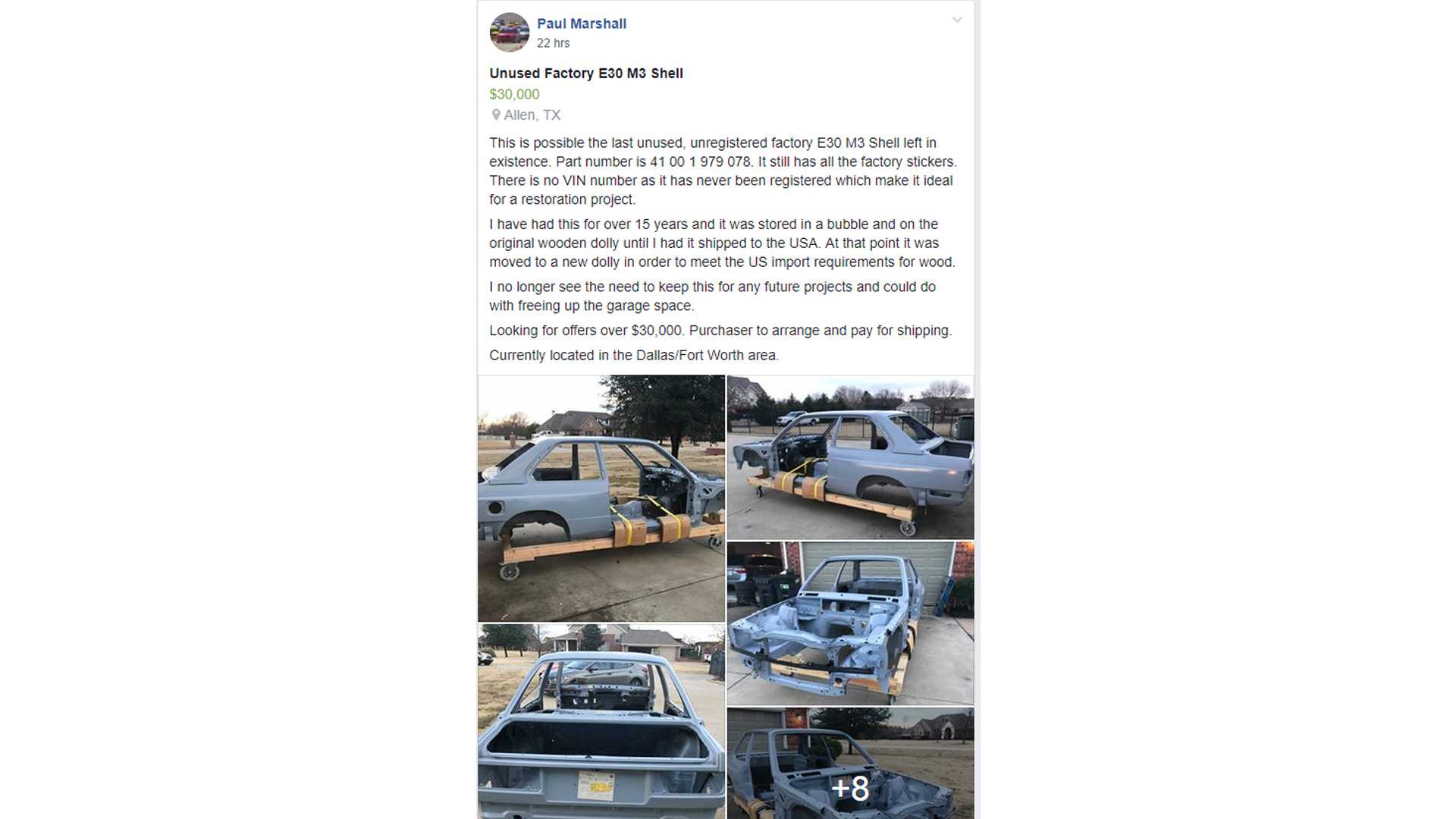 New Bmw 0 M3 Factory Body Shell For Sale In Texas