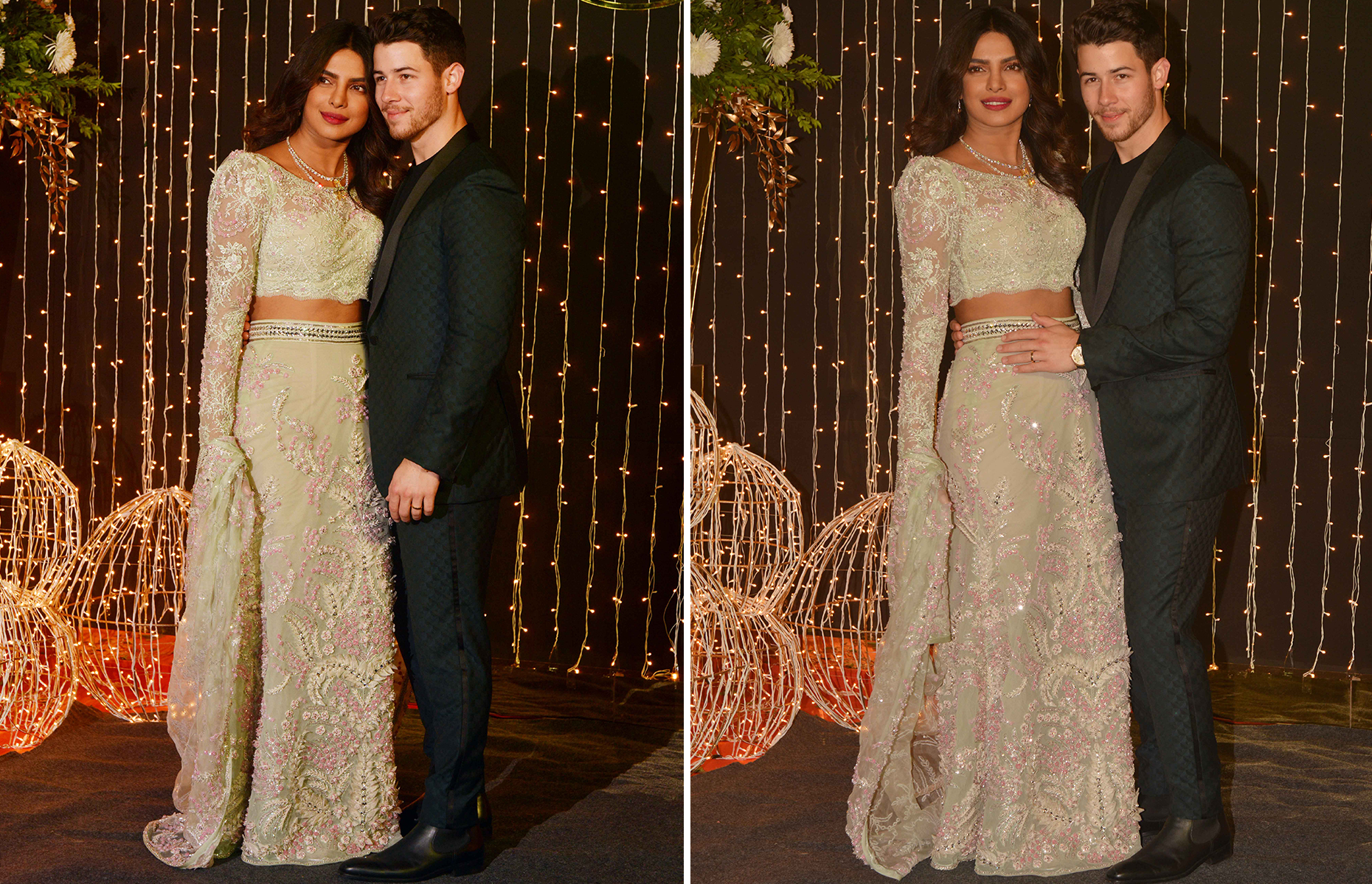 Slide 1 of 22: Priyanka Chopra and Nick Jonas pose for cameras at their reception in Mumbai.