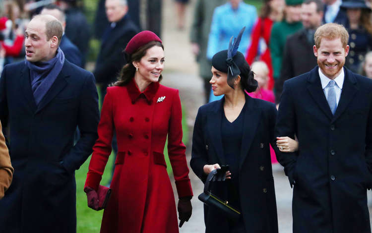 Slide 1 of 12: Prince William, Duke of Cambridge and Catherine, Duchess of Cambridge along with Prince Harry, Duke of Sussex and Meghan, Duchess of Sussex arrive at St Mary Magdalene's church for the Royal Family's Christmas Day service on the Sandringham estate in eastern England, Britain, December 25, 2018. REUTERS/Hannah McKay