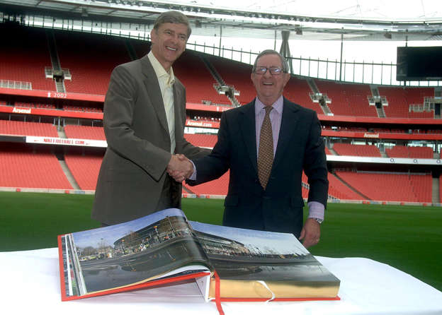 Arsene Wenger and chairman of Arsenal Peter Hill-Wood during a photo call at the Emirates Stadium, London, were the launch of the exclusive Arsenal Opus book the limited edition Arsenal Opus tells the story of Arsenal football club focussing on the Highbury years from 1913 to 2006.   (Photo by Sean Dempsey - PA Images/PA Images via Getty Images)