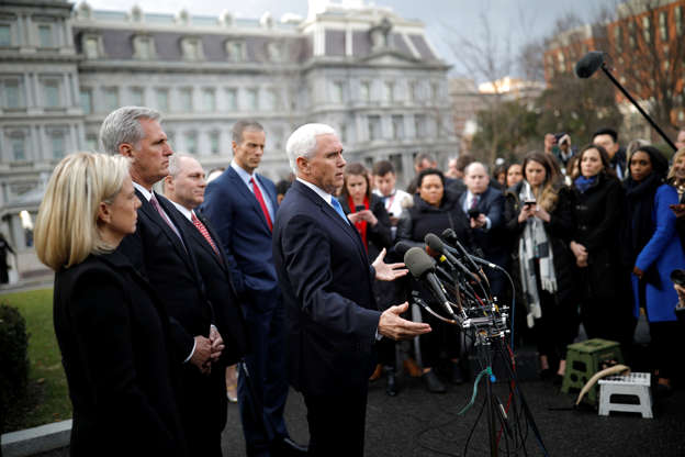 Slide 3 of 52: Vice President Mike Pence speaks to reporters with Secretary of Homeland Security Kirstjen Nielsen, House Minority Leader Kevin McCarthy, House Minority Whip Steve Scalise and U.S Senator John Thune (R-SD) after a meeting with President Donald Trump and Congressional Democrats about the U.S. government partial shutdown and the president