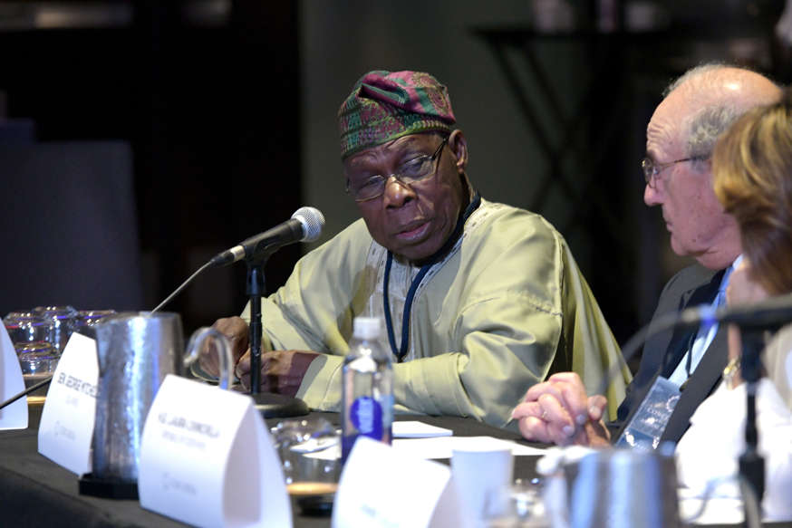FILE PHOTO - NEW YORK, NY - SEPTEMBER 25:  Former President of the Federal Republic of Nigeria H.E. Olusegun Obasanjo speaks during the 2018 Concordia Annual Summit - Day 2 at Grand Hyatt New York on September 25, 2018 in New York City.  (Photo by Leigh Vogel/Getty Images for Concordia Summit)
