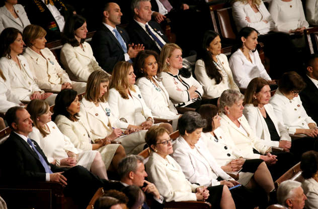 Slide 3 of 32: Democratic women of the U.S. House of Representatives listen to U.S. President Donald Trump's second State of the Union address to a joint session of the U.S. Congress in the House Chamber of the U.S. Capitol on Capitol Hill in Washington, U.S. February 5, 2019.