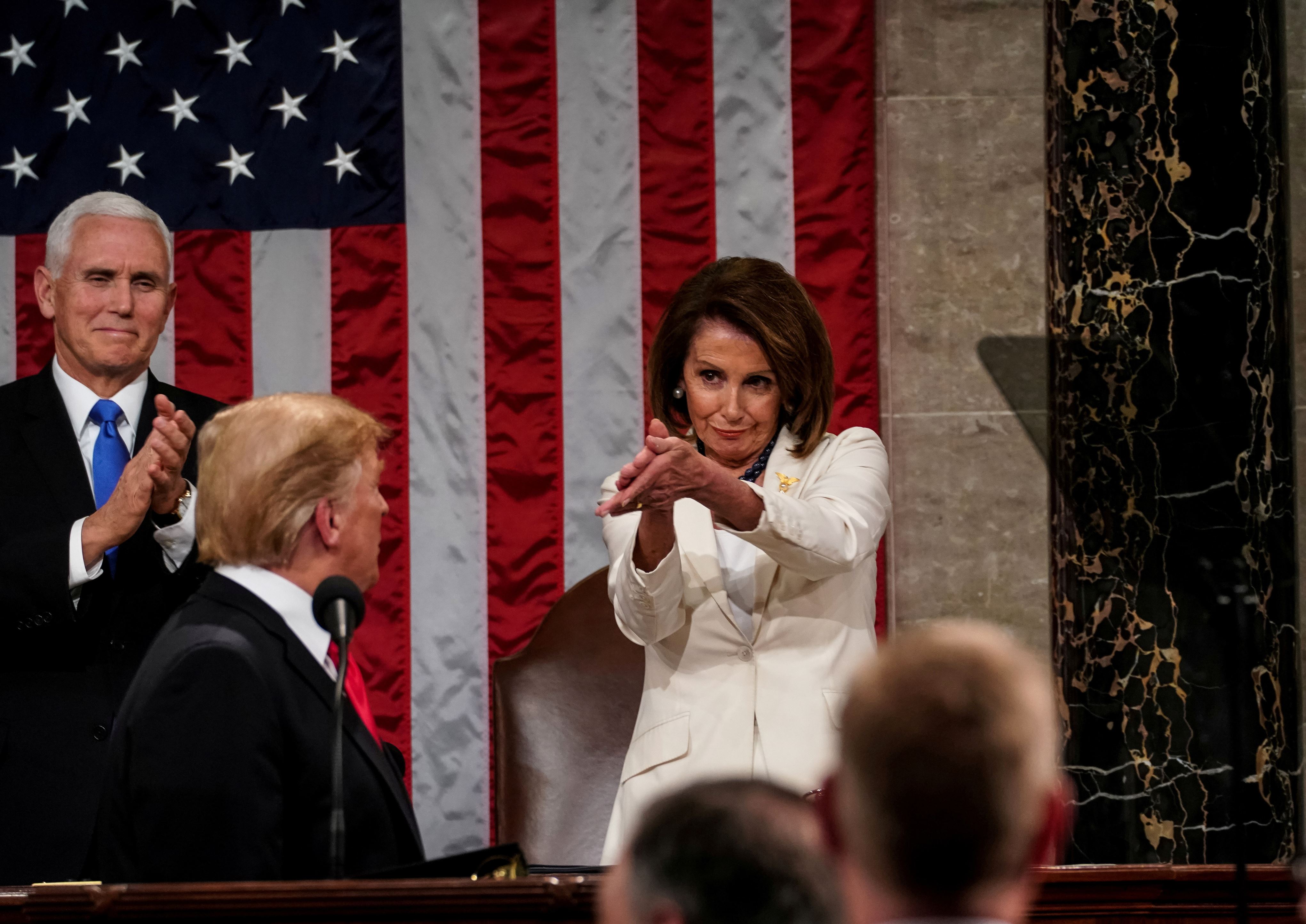 Slide 4 of 32: FEBRUARY 5, 2019 - WASHINGTON, DC: President Donald Trump delivered the State of the Union address, with Vice President Mike Pence and Speaker of the House Nancy Pelosi, at the Capitol in Washington, DC on February 5, 2019. (Doug Mills/Pool via REUTERS