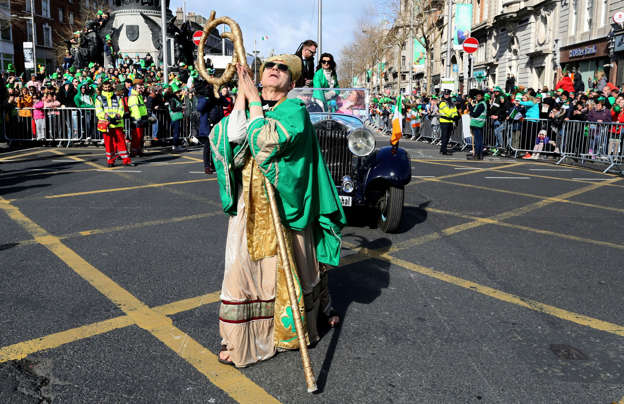 St Patrick leads the  start of the annual St Patricks Day parade through the city centre of Dublin on March 17, 2019. (Photo by Paul FAITH / AFP)        (Photo credit should read PAUL FAITH/AFP/Getty Images)