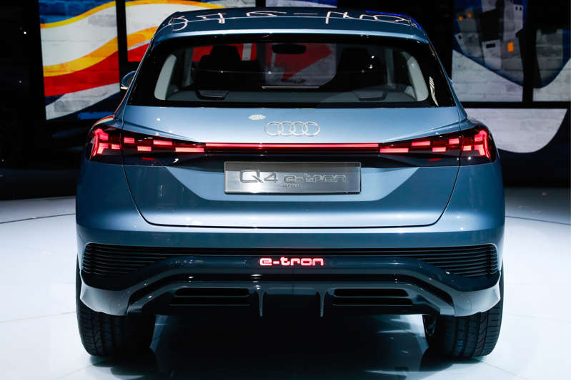 GENEVA, SWITZERLAND - MARCH 5, 2019: An Audi Q4 e-tron concept electric crossover on display during a press day ahead of the opening of the 89th Geneva International Motor Show. Sergei Fadeichev/TASS (Photo by Sergei Fadeichev\TASS via Getty Images)