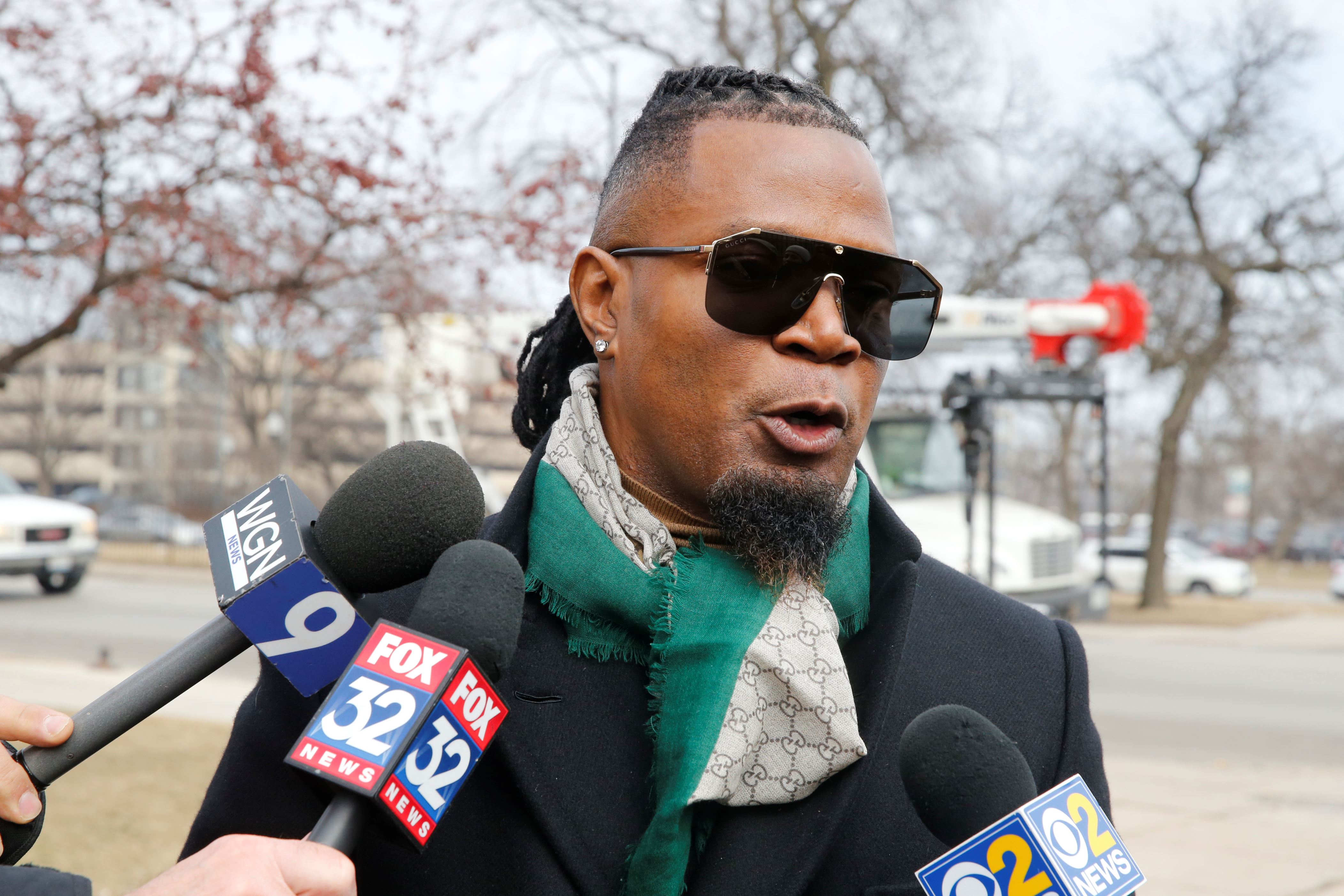CHICAGO, IL - MARCH 08: Singer R. Kelly publicist Darryll Johnson speaks to members of the media outside Cook County Jail on March 8, 2019 in Chicago, Illinois. The singer owes more than $161,000 in child support to his ex wife. (Photo by Nuccio DiNuzzo/Getty Images)