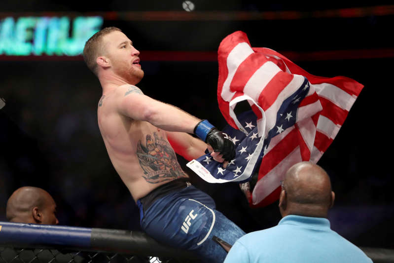 Justin Gaethje celebrates his win over Edson Barboza after their mixed martial arts bout at UFC Fight Night, Saturday, March 30, 2019, in Philadelphia. Gaethje won via first round TKO. (AP Photo/Gregory Payan)