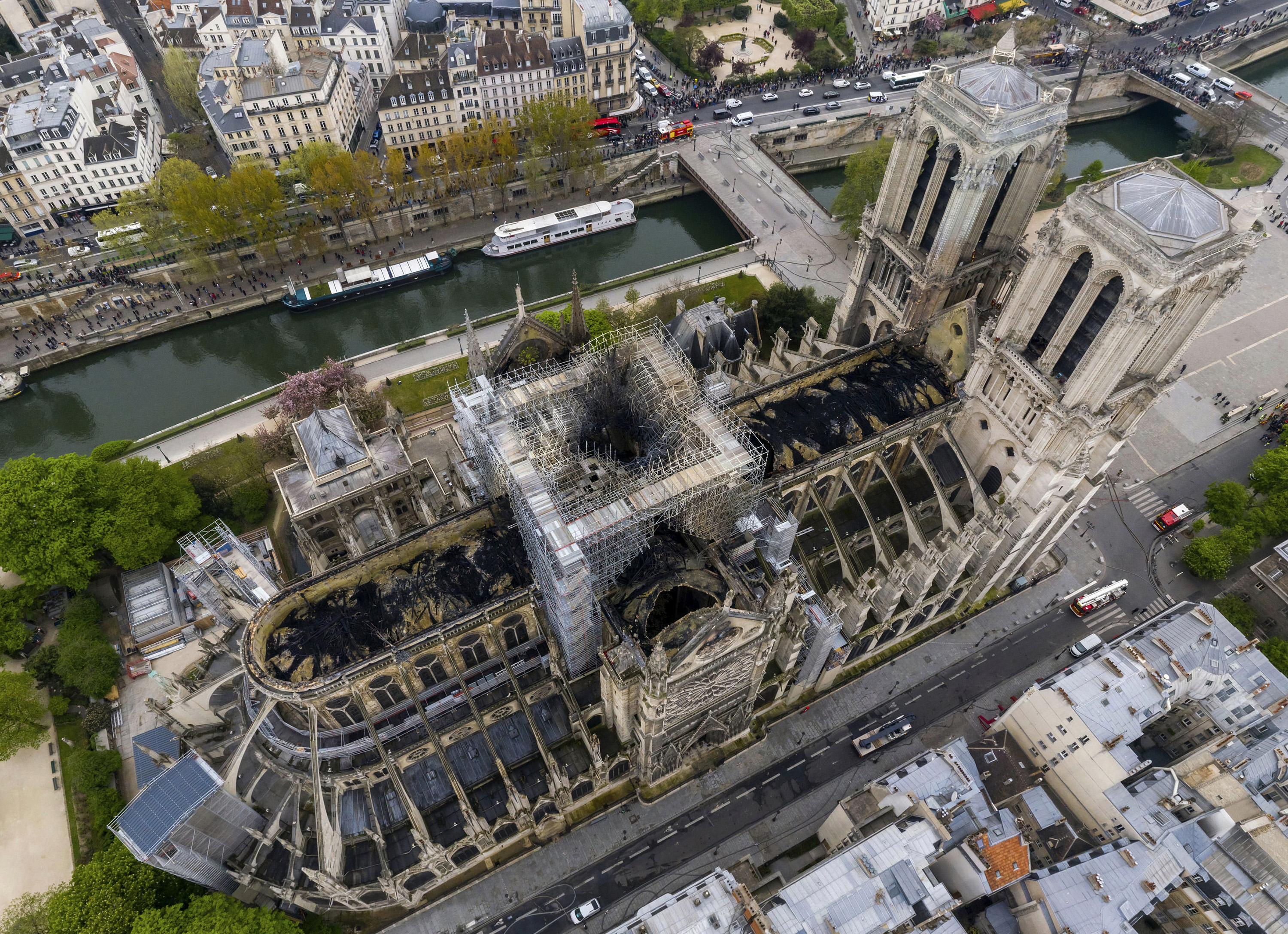 An image made available by Gigarama.ru on Wednesday April 17, 2019 shows an aerial shot of the fire damage to Notre Dame cathedral in Paris on Tuesday April 16. Nearly $1 billion has already poured in from ordinary worshippers and high-powered magnates around the world to restore Notre Dame Cathedral in Paris after it was damaged in a massive fire on Monday.