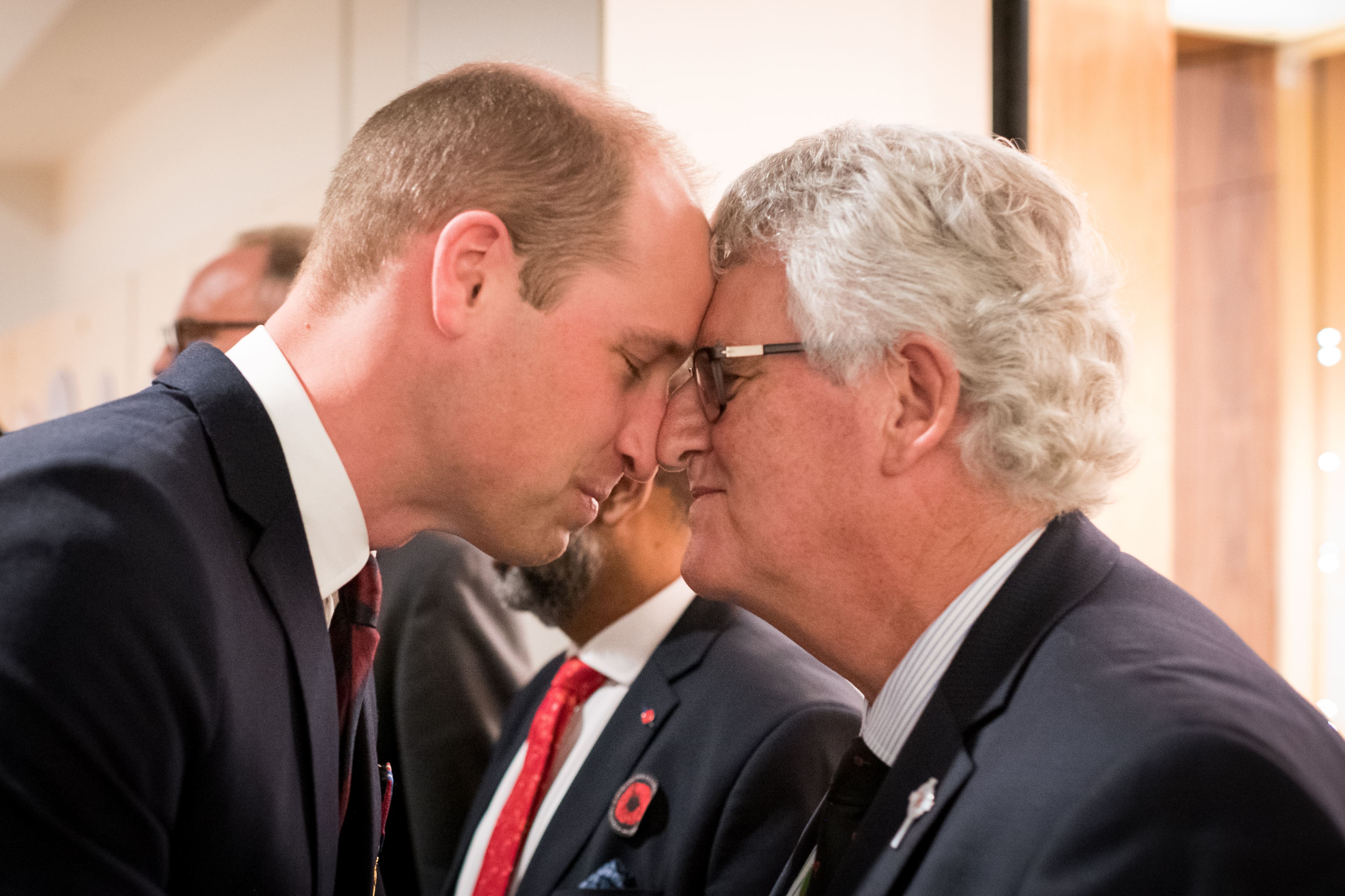 AUCKLAND, NEW ZEALAND - APRIL 25: In this handout image provided by the New Zealand Government, Prince William, Duke of Cambridge is greeted with a Hongi as he attends the Auckland Anzac Day Civic Service at the Auckland War Memorial Museum on April 25, 2019 in Auckland, New Zealand. Prince William is on a two-day visit to New Zealand to commemorate the victims of the Christchurch mosque terror attacks. (Photo by Mark Tantrum/The New Zealand Government via Getty Images)