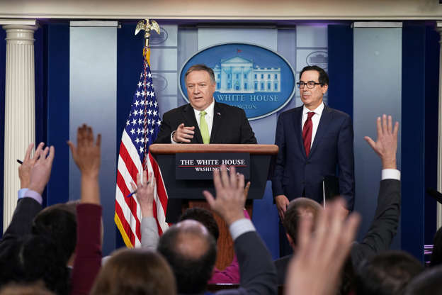 U.S. Secretary of State Pompeo and Treasury Secretary Mnuchin announce sanctions on Iran during brie... - Kevin Lamarque/Reuters Slide 1 of 58: U.S. Secretary of State Mike Pompeo and Treasury Secretary Steven Mnuchin announce new sanctions on Iran in the Brady Press Briefing Room of the White House in Washington, U.S., January 10, 2020.