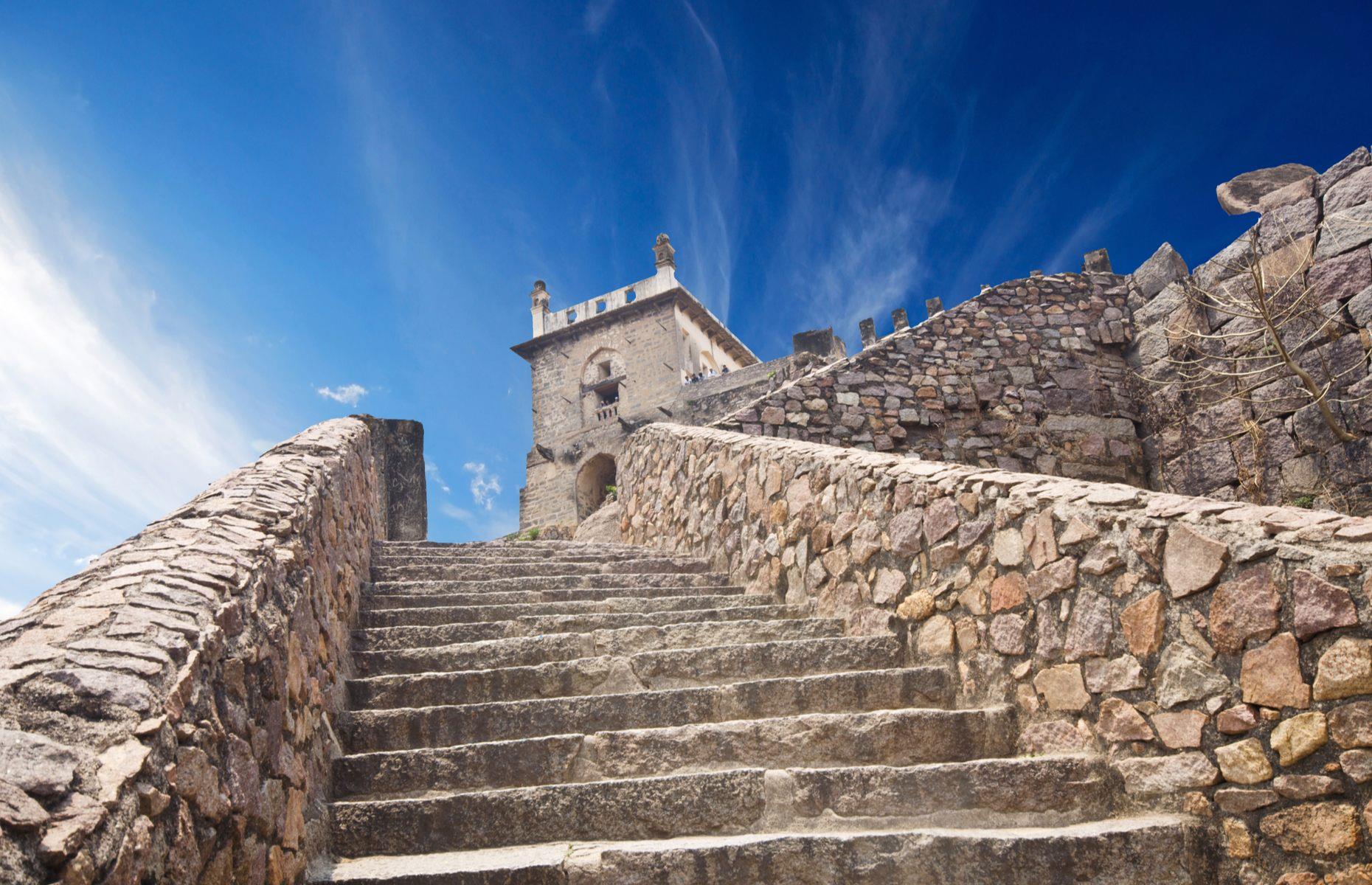 Slide 11 of 29: The fortified citadel sits loftily on top of a 394-foot-high (120m) hill. When new, the architecture of Golconda was state of the art. For example, natural air conditioning allowed it to remain cool in summer.