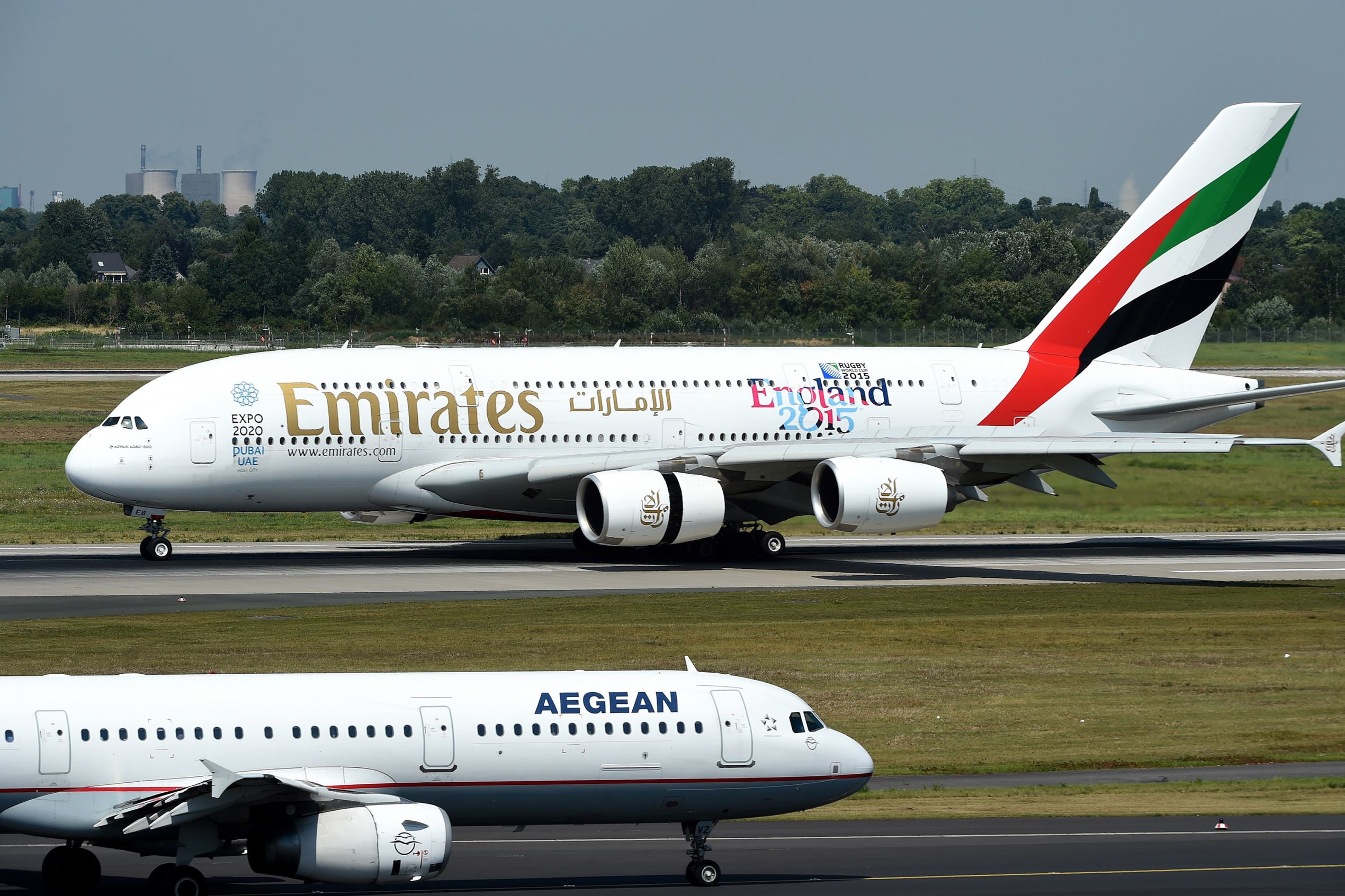 An Airbus A 380 of airline 'Emirates' rolls on the runway on August 3, 2015 in Duesseldorf, western Germany.