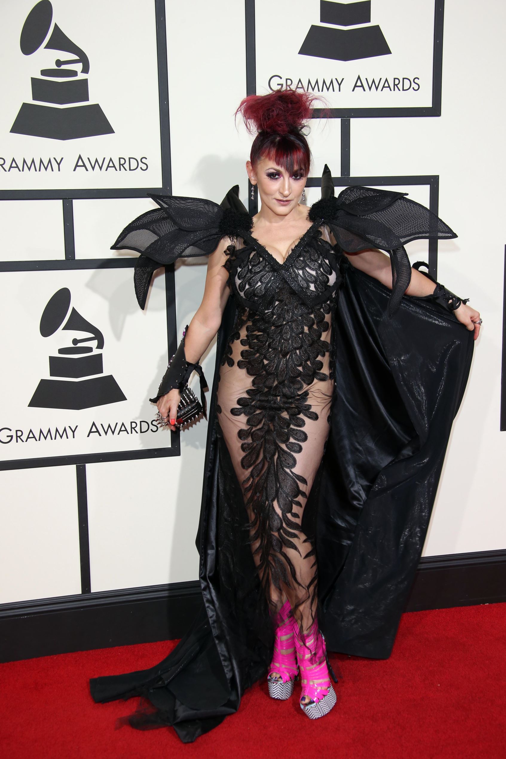 acqueline Van Bierk arrives on the red carpet during the 58th Grammy Awards at the Staples Center.