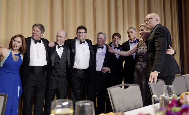 WASHINGTON, DC - APRIL 30: (AFP OUT) President Barack Obama poses with members of the White House Correspondents' Association during the White House Correspondents' Association annual dinner on April 30, 2016 at the Washington Hilton hotel in Washington, DC. This is President Obama's eighth and final White House Correspondents' Association dinner (Photo by Olivier Douliery-Pool/Getty Images)