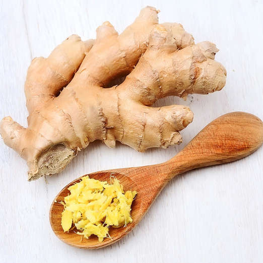 Slide 22 of 35: <p>Gingerol antioxidants possess anti-inflammatory, antiviral, and antimicrobial properties. <a href="http://www.rodalewellness.com/food/how-use-ginger?cid=isynd_PV_0616">Ginger</a> supports detoxification by nourishing your liver, promoting circulation, unclogging blocked arteries, and lowering blood cholesterol by as much as 30%.</p>