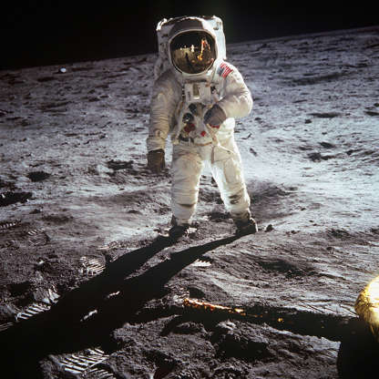 Slide 4 of 14: UNSPECIFIED  :  1st steps of human on Moon : american astronaut Edwin 'Buzz' Aldrin walking on the moon on july 20, 1969 during Apollo 11 mission (we see Neil Armstrong in the visor of the helmet)  (Photo by Apic/Getty Images)