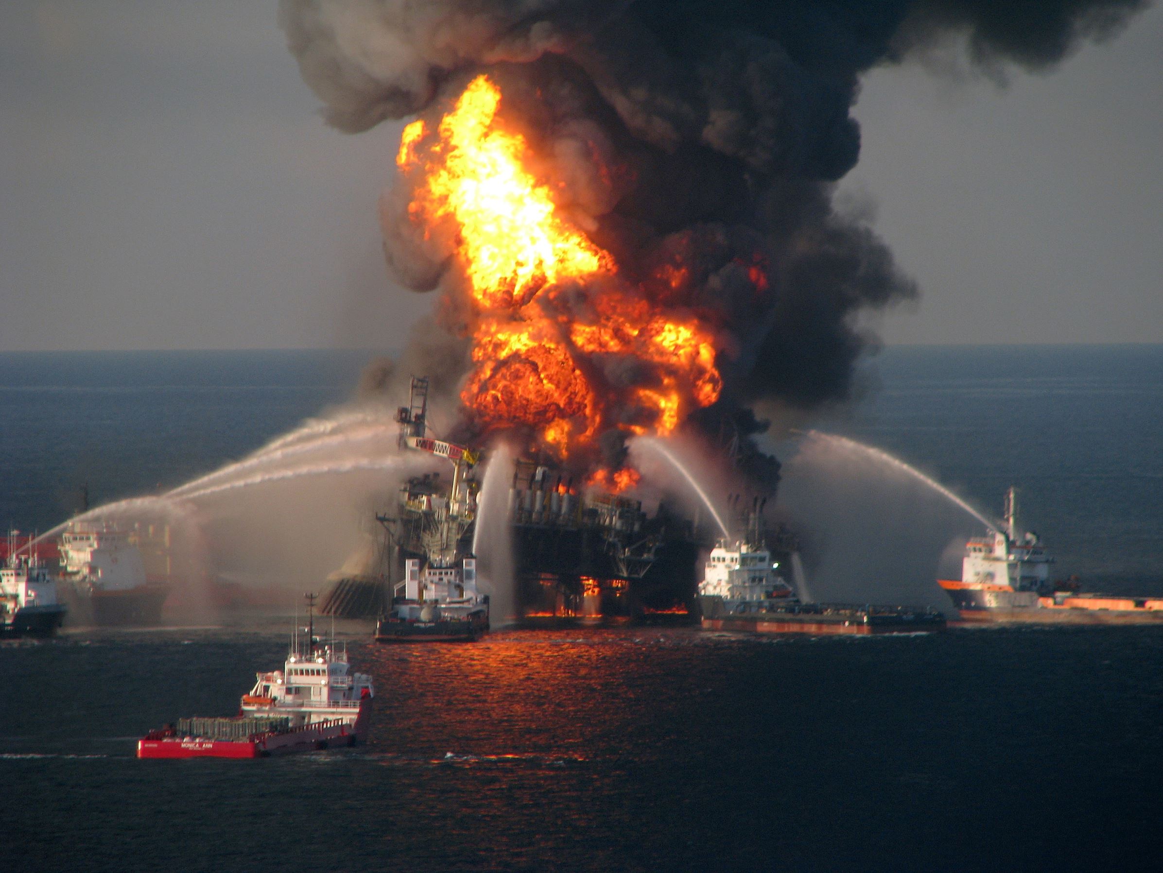 Slide 5 of 14: GULF OF MEXICO - APRIL 21:  In this handout image provided be the U.S. Coast Guard, fire boat response crews battle the blazing remnants of the off shore oil rig Deepwater Horizon in the Gulf of Mexico on April 21, 2010 near New Orleans, Louisiana.  An e