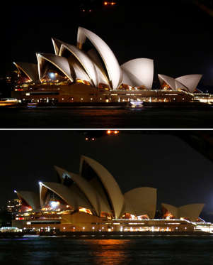 Diapositiva 38 de 46: A combination photo shows the Sydney Opera House before and during the tenth anniversary of Earth Hour in Sydney, Australia