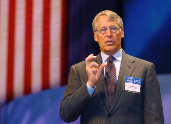 Slide 16 of 20: S Robson Walton, Chairman of the Board, Wal-Mart stores Inc., speaks during the company and apos;s annual meeting at the Bud Walton Arena in Fayetteville, Arkansas on June 6, 2003. Photographer: Beth Claggett/ Bloomberg News.
