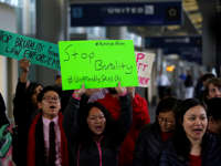 Demonstrators protest United Airlines at O'Hare International Airport on April 11, 2017 in Chicago, Illinois.