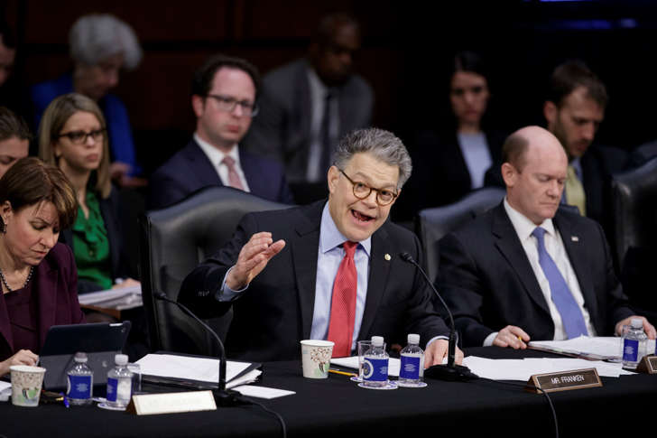 Sen. Al Franken, D-Minn., center, flanked by other Democratic members of the Senate Judiciary Committee, Sen. Amy Klobuchar, D-Minn., left, and Sen. Chris Coons, D-Del., question the Republican side as the panel meets to advance the nomination of President Donald Trump's Supreme Court nominee Neil Gorsuch, Monday, April 3, 2017, on Capitol Hill in Washington.