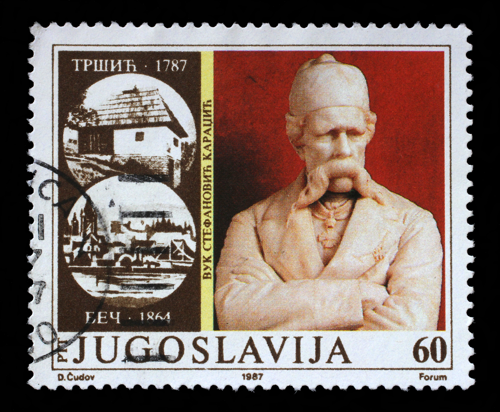 Slide 27 of 70: ZAGREB, CROATIA - JUNE 14: stamp printed in Yugoslavia. The 200th Anniversary of the Birth of Vuk Stefanovic Karadzic, reformer of the Serbian language, circa 1987, on June14, 2014, Zagreb, Croatia